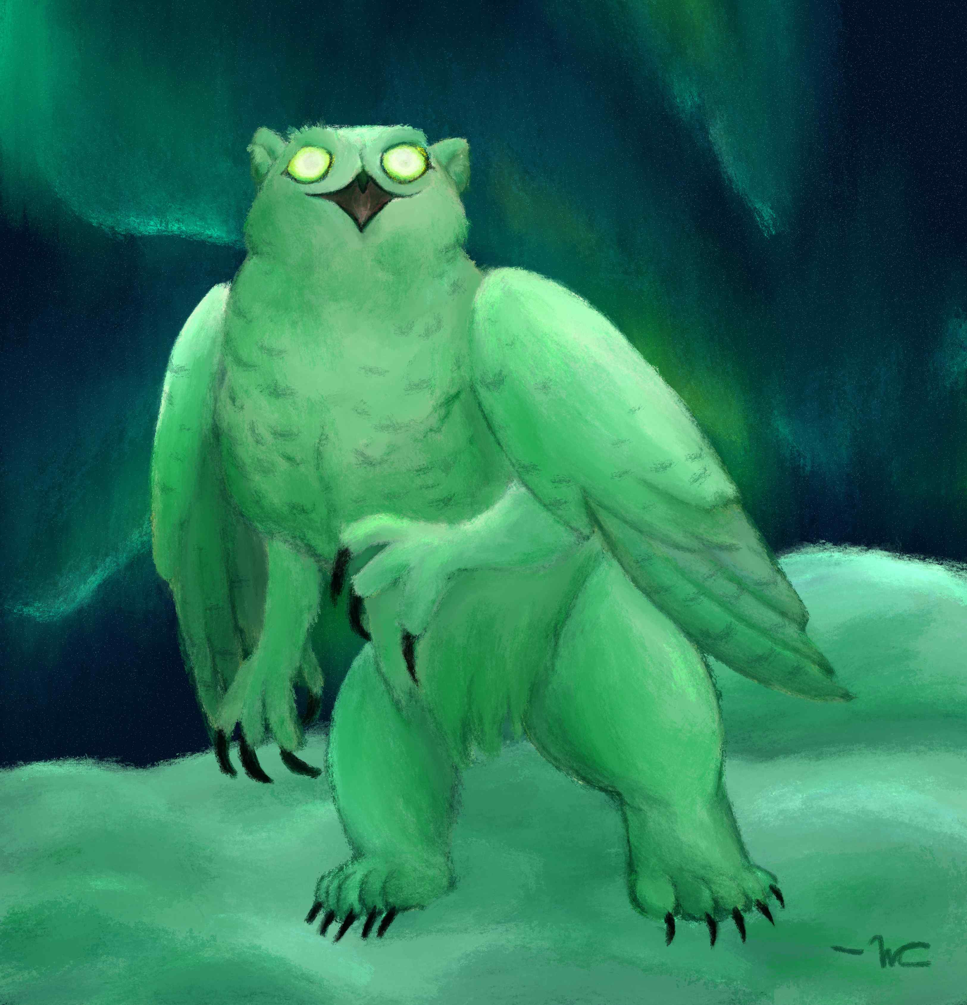 A gryphon that is part snowy owl and part polar bear. It's stood on its hind legs in the snow, with an open mouth and glowing eyes. The northern lights are in the night sky.